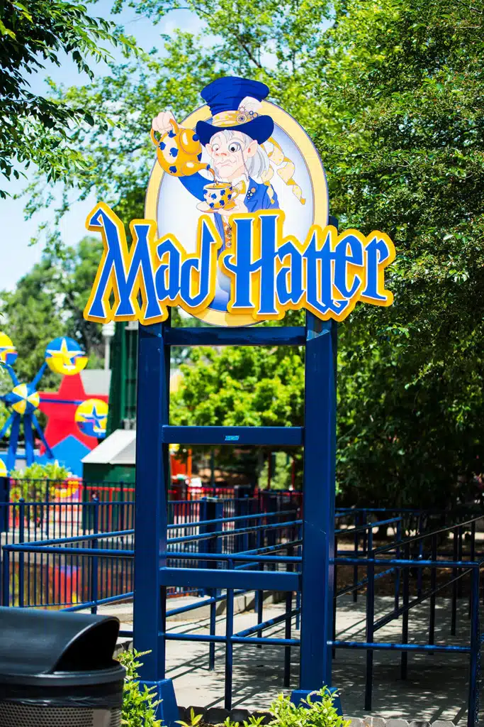 KY Kingdom Mad Hatter Ride sign by Nimlok Kentucky